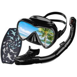 WATER GAMES Snorkeling Snorkel Mask Snorkel Set of 2 - Easy Mask Strap Cover with Anti-Fog Film Storage Bag for Men and Women (Black)
