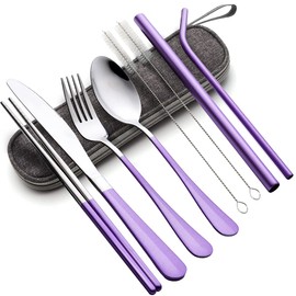 Travel Utensils with Case，Reusable Travel Cutlery Set with Case Stainless Steel Flatware Set for Camping 8pcs Including Dinner Knife Fork Spoon Chopsticks Boba Straw (Shining Purple)