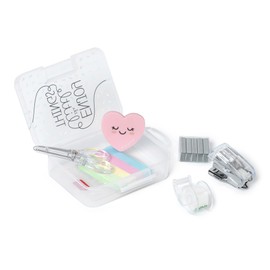 Legami - Mini Stationery Set of 6 Mini Accessories: Scissors, Rubber, Desk Holder, Tape with Dispenser, Stapler and Metal Clips, 7 x 10.5 cm, Handy Carry Box