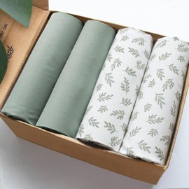 Mini Crib Sheets 4 Pack for Baby Boys & Girls, Neutral Mini Crib Sheet Fitted 52'' x 28'' for Standard Mini Crib Mattress, Ultra Soft Material Baby Mini Sheet, Aqua Leaf