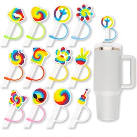 12PCS Tie Dye Straws Cover Cap Silicone for Tumbler Cup Birthday Party Supplies Favors Decorations, 10mm Drinking Straws Topper Hat for Reusable Straws Colorful Tips Lids