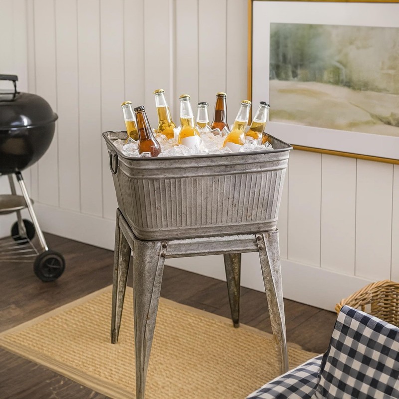 Benjara Multi Functional Galvanized Metal Tub on Stand, Gray