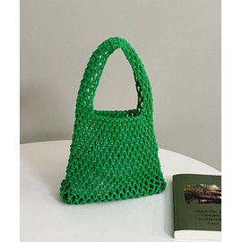 Woven Basket Bag, Basket Bag, Women's, Hamper, Shoulder Handbag, Lunch Bag, Lunch Tote, Small, Lightweight, Mini Bag, Drawstring Bag, Bottom PU Material (Green)