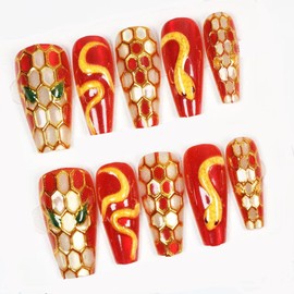 Red Snakes Queen Cat Eye Press on Nails long coffin, 30 Pcs 3D Salon-Like Fake Nails with Glitter Chasing Light Cat Eye Designs, Artificial Acrylic Nails Glue on Nails Stick on Nails for Women