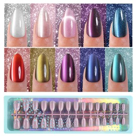 Vansiho 300Pcs Cat Eye Press on Nails, Glossy Glitter Cat Eye Designs Nail Tips for Women, Medium Almond Soft Gel Fake Nails, for Women and Girls Glossy Reusable Nail Tips in 15 Sizes