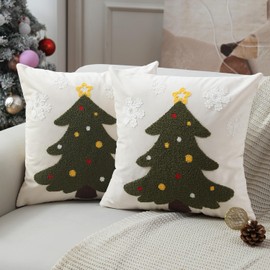 Allorry Christmas Pillow Covers 18x18 inch Set of 2 Forest Green Christmas Tree Snowflakes Embroidery Velvet Throw Pillow Winter Holiday Christmas Decorations for Sofa Living Room PT-001A18