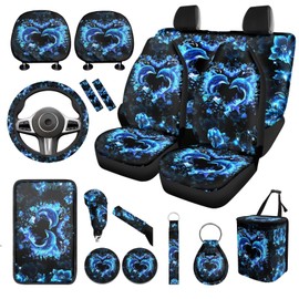 WUYOJUXA Neon Dolphin Car Seat Covers Full Set for Men Women 17 Pcs Universal Headrest Covers Hanging Trash Bin Blue Dolphin Car Interior Accessories Set Keychains Armrest Pad,Fit for Most Truck SUV