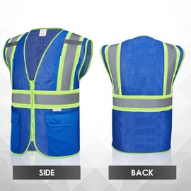 SULWZM High Visibility Reflective Safety Vest with Zipper and Pockets Blue,L