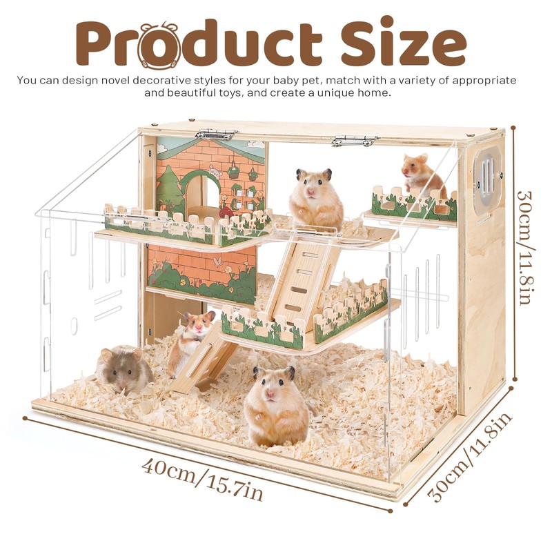 Large Acrylic Hamster Cage, Wooden Dwarf Hamster Habitat, Spacious Dwarf