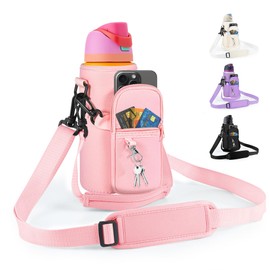 Icesip Water Bottle Carrier Bag with Strap for Owala FreeSip 24 oz with Detachable Phone Pocket for Owala Accessories 24oz Water Bottle Sleeve for Walking Camping Gym Pink