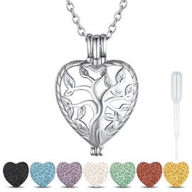 Bestyle Platinum Tree of Life Heart Locket Necklace That Holds Pictures Photo Keep Someone Near to You, Lava Stone Diffuser Necklaces Essential Oil Aromatherapy Jewelry BTP27075W