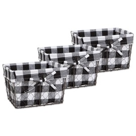 DII Vintage Chicken Wire Baskets for Storage Removable Fabric Liner, Set of 3, Black & White Check 3 Piece