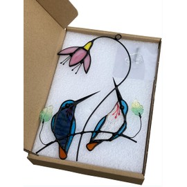 Hummingbird with Flower Stained Glass Suncatcher Bule Bird Stained Glass Window Hangings Hummingbird Gift for Home Decor
