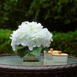 ENOVA FLORAL - Flores artificiales de hortensia de seda en jarrón con agua sintética, arreglos florales de seda en jarrón para decoración del hogar, mesa de boda (crema)