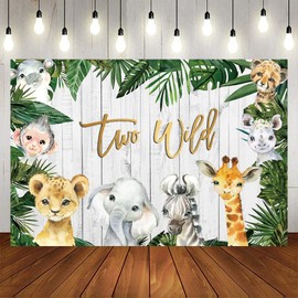 OFILA 8x6ft Two Wild Theme Birthday Party Backdrop Rustic Wooden Jungle Safari Animals Green Forest Palm Tree Leaves Background Kids Boys 2nd Birthday Party Dessert Table Decoration Banner Supplies