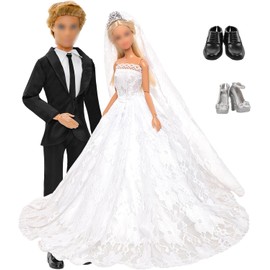 4 Pack Doll Wedding Set 1 White Bride Wedding with Veil for 11.5 Inch Girl Doll 1 Black Groom Suit Clothes for 12 Inch Boy Doll 2 Pairs of Shoes for Dolls