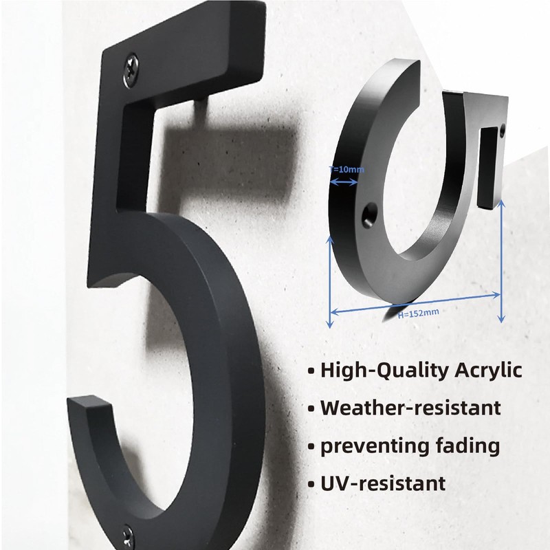 6" House Numbers 15cm, Matte Black Acrylic Address Sign Numbers