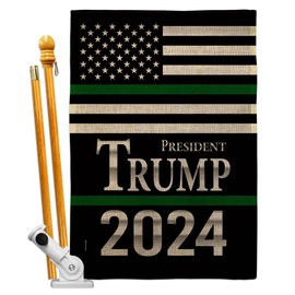 President Trump Thin Green Line Burlap House Flag Set Patriotic Democrat Republican Tea Party United State American Election Small Decorative Gift Yard Banner Double-Sided Made In USA 28 X 40