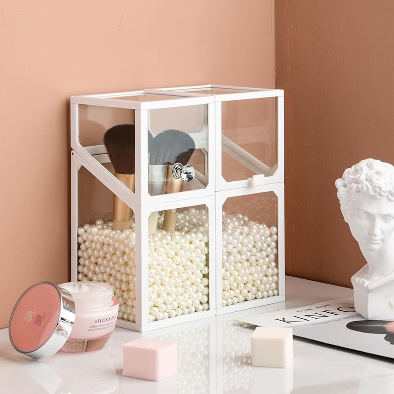 London Boutique Luxury Glass Makeup Brush Holder with Pearl Beads,
