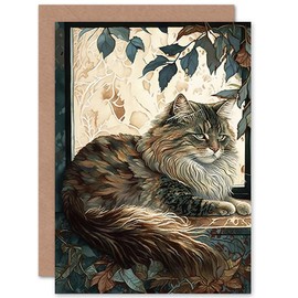 Artery8 Siberian Cat Perched on Window Sill in Autumn Modern Illustration Art Birthday Sealed Greeting Card Plus Envelope Blank Inside