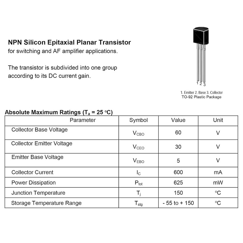HeyNana NPN 2N2222 Transistor 600mA 40V TO-92 Pack of 50