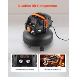 VEVOR 6 Gallon Air Compressor, 1.7HP 2.3CFM@90PSI Portable Pancake Air Compressor & 150PSI Max Pressure, 12-Piece Accessory Kit with 25FT Air Hose for Tire Inflation, Spray Painting, Woodwork Nailing