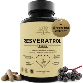 Resveratrol Supplement with Quercetin & Grape Seed – 850mg Herbal Blend, High Potency Polyphenols & Antioxidants for General Wellness, 60 Vegan Capsules