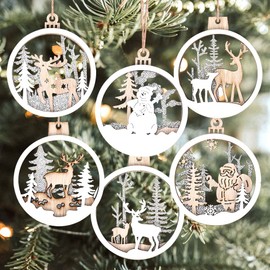 12Pcs White Christmas Tree Ornaments for Winter Wonderland Decorations, 3D Wood Farmhouse Christmas Rustic Ornaments, Wooden Glitter Reindeer Santa Claus Snowman Christmas Tree Decorations