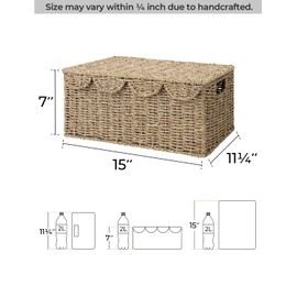 StorageWorks Scalloped Edge Wicker Basket with lid, Wicker Storage Basket with Built-in Handles, Handwoven Basket for Décor, Natural Seagrass Wicker Basket for Shelves, Nursery Room