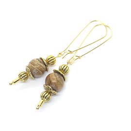 Thurcolas-Ohrringe im Vintage-Stil aus braunem Jaspis, montiert auf goldenen Creolen