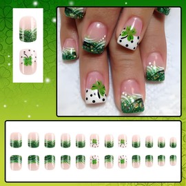 24 Pcs St. Patrick's Day French Shamrock Press on Nails Short Square - YIHONGYAN Acrylic Nail Art Fake Nails Press ons Nail Full Cover Glitter Green Clover False Nails Stick on Nails for Women
