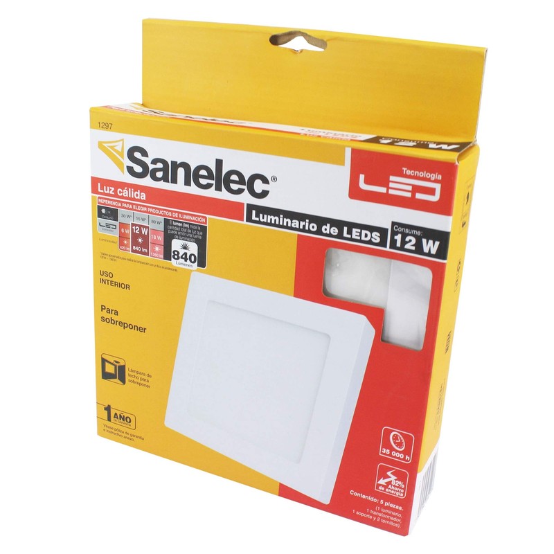 Sanelec 1297 Lámpara Cuadrada de Sobreponer, 12 W, Luz Cálida