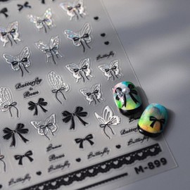 Black Whiter Butterfly Nail Stickers for Nail Art - Bow Nail Art Stickers Summer Bows Ribbon 5D Embossed Nail Decals Self-Adhesive Nails Supply Manicure Sliders Pearl Sticker for Women DIY