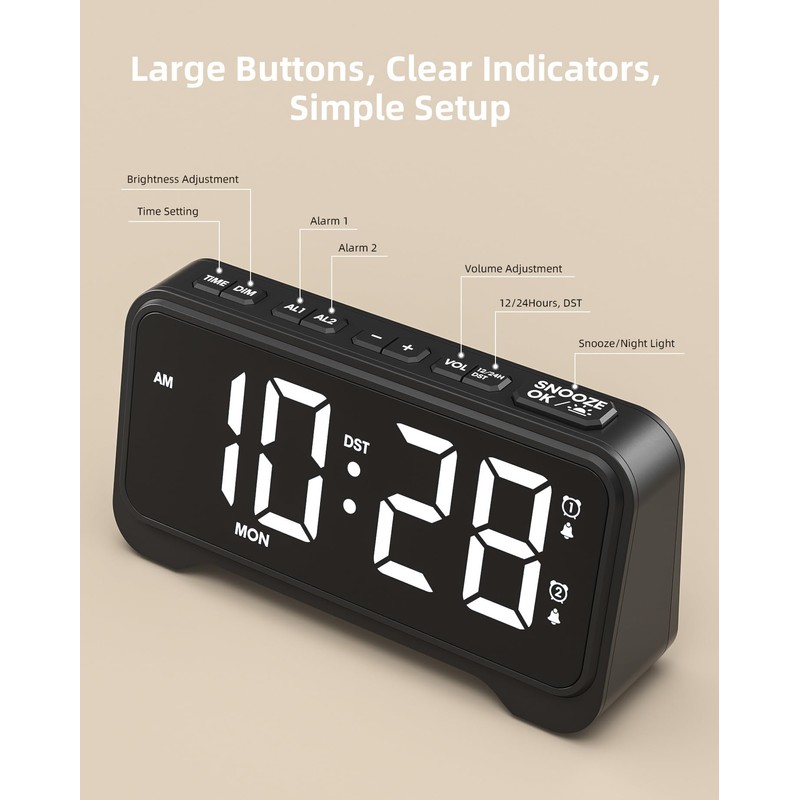 ROCAM Digital Alarm Clock, Simple Loud Alarm Clocks for Bedrooms