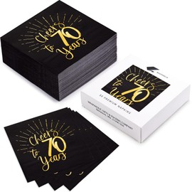WRAPAHOLIC 50Pcs 70th Birthday Napkins - 3-Ply Disposable Paper Cocktail Napkin, Black and Gold Foil Cheers to 70 Years - 5 x 5 In