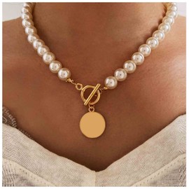 Allereya Vintage Pearl Necklace Gold Circle T Bar Bohemian Coin Disc Necklace Small Coin Pendant Chain Jewelry for Women Girls