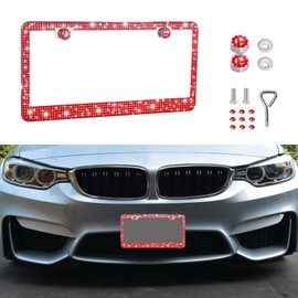 Piburth Bling Car License Plate Frame, Sparkly Rhinestone Stainless Steel License Plate Cover, Universal for Most Cars, SUVs, Vehicles with Screw Set, Auto Accessories for Women (Red, 1PCS)