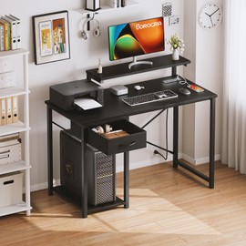 SOROGRA Computer Desk with Adjustable Monitor Stand, 39.4 in Small Desk with Reversible Storage Shelves, Office Desk with Large Desktop Spaces for Home Bedroom Workstation, Black