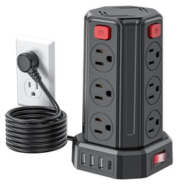Power Strip Surge Protector, 6.5 Ft Extension Cord with 12 AC Multiple Outlets 4 USB (1 USB C), SMALLRT Power Tower Desktop Charging Station (Black, 6.5 Ft)