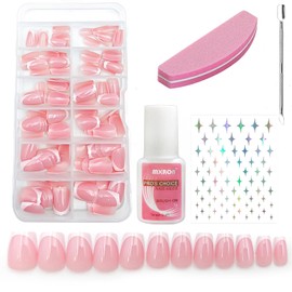 240 Pcs Pink French Tip Short Press on Nails Kit, Glossy Square Fake Nails with Nail Glue, Stick on Nails for Girls Women, DIY Home Manicure Set 20