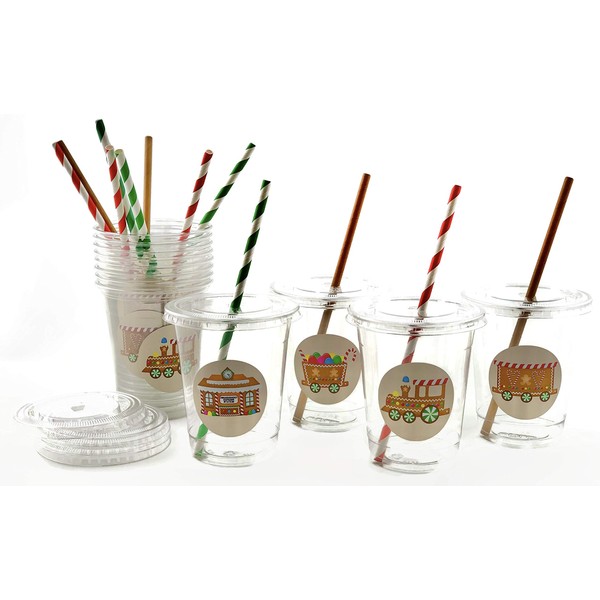 Gingerbread Train Christmas Party Cups with Lids and Straws (12