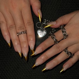 SINHOT Gold French Tip Press On Nails - Long Stiletto Fake Nails, Glossy Finish, Natural Daily Nails, DIY Artificial False Nail Art - 24 Pcs Nail Kit with Glue