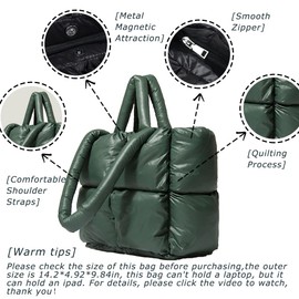 Quilted Puffer Tote Bag for Women Soft Padded Down Winter Handbag Space Large Totes Puffer Shoulder Bag Pillow Shopper Bag （Green-M）