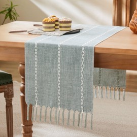 YZJZEDS Braided Farmhouse Table Runner,Braided Dusty Blue 13x108 Inch, Cotton Linen Table Runners 108 Inches Long, Embroidered Striped Dusty Blue Boho Table Runner Rustic Home Decor