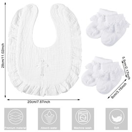 4 Pcs Infant Baby Baptism Bib and Socks for Girl Boy White Baptism Outfits Christening Embroidered Cross Bib with Ruffles and Lace Socks Christening Gifts for Toddler Newborn Shower Party