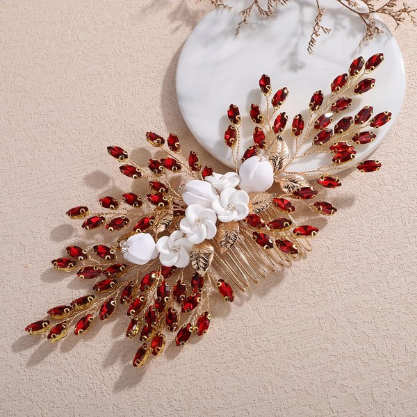 Teyglen Red Rhinestone Bride Flower Wedding Hair Comb with Crystal