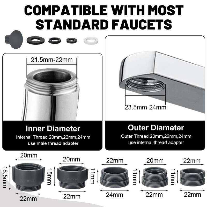 360° Swivel Tap Attachment, M22/M24 Rotating Water Saver with 2