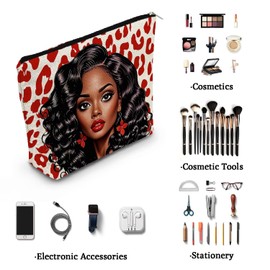 YULUENZE African American Lady Makeup Bag Cute Small Canvas Organizer Bag with Zipper Red Leopard Black Woman Cosmetic Bag Aesthetic Birthday Present for Women Sisters Friends