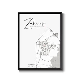 Poster Zuhause mit Koordinaten, Bild Stadtplan & Namen d. Familie | personalisierte Städte-Karte HAUS | Einzugsgeschenk, Größenwahl