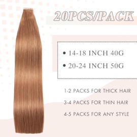 YDDM Tape-In Real Hair Extensions, 20 Pieces, 45 cm, 40 g, Auburn Ginger Remy Invisible Extensions, Real Hair Extensions, Tape Extensions, Real Hair, Human Hair Tape Extensions, Skin Weft Hair